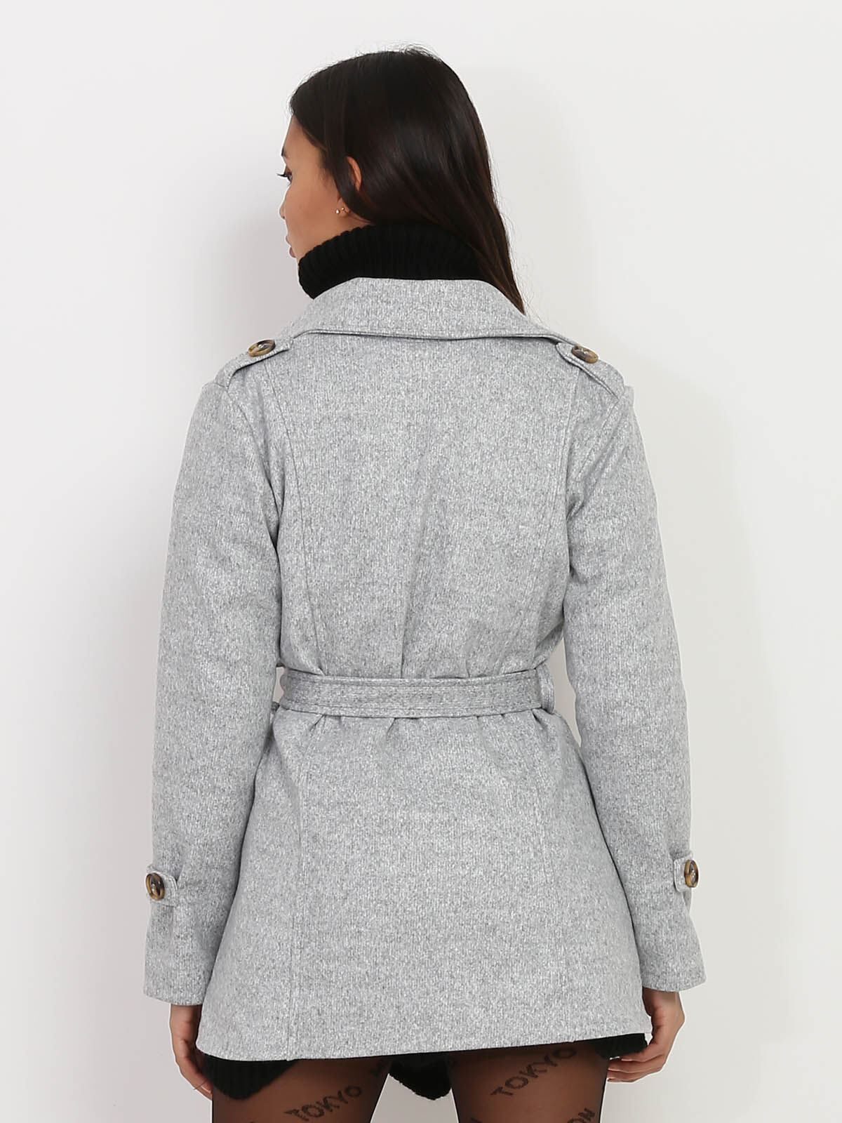 Manteau court ceinturé- Gris clair