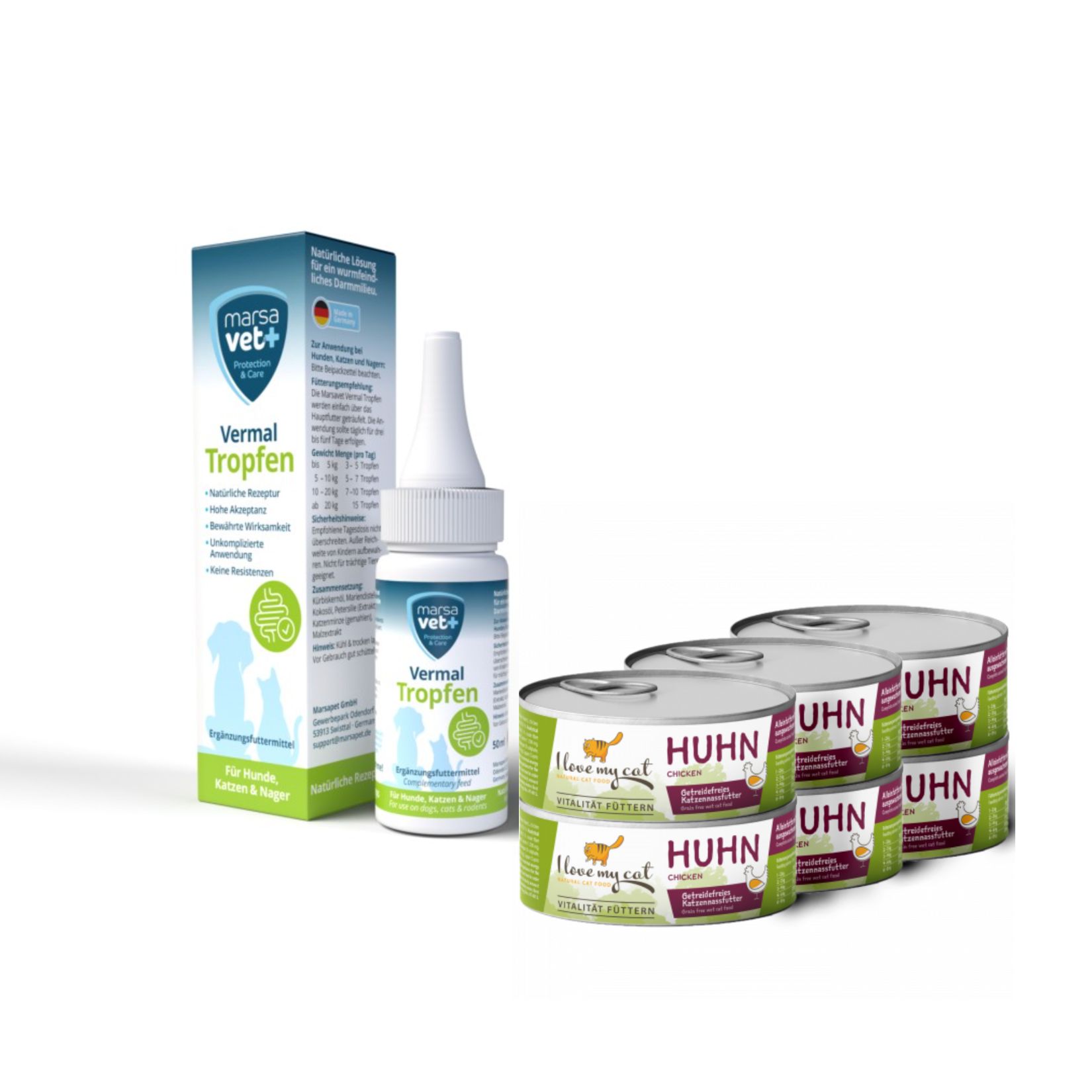 Vermal Set für Katzen Marsavet Vermal Tropfen + I love my cat Nassfutter mit Huhn