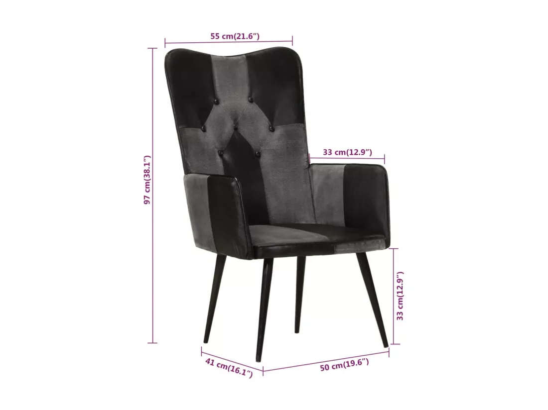 Chaise à oreilles Noir et gris Cuir véritable