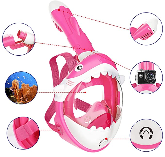 (Gr. XS) Hai Schnorchelmaske Anti-Leak Vollgesichts Unterwasser Maske inkl. GoPro Halterung - Pink