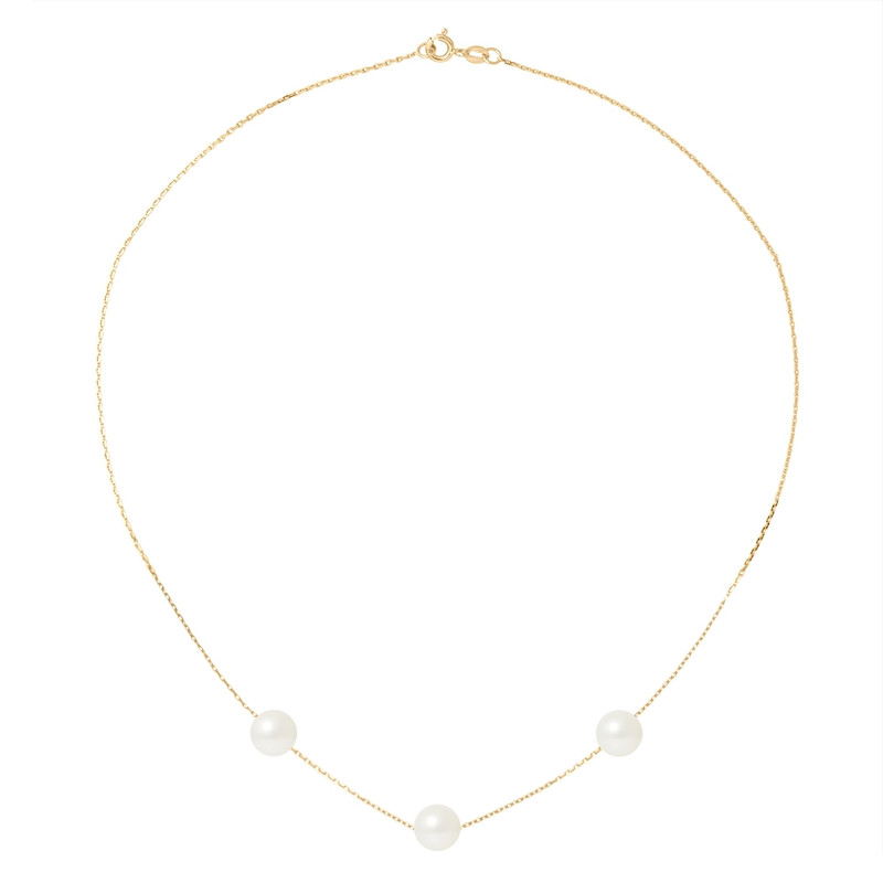 Collier Ras du Cou Femme Chaine Forcat Or jaune 750/1000 et 3 Perles de Culture Blanches