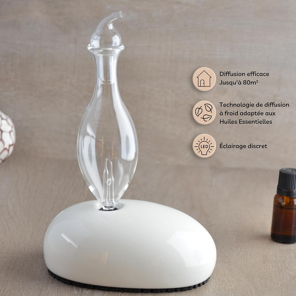 Zen’Arôme Diffuseur par Nébulisation Dan – Diffuseur d’Huiles Essentielles à Froid qui Conserve les Vertus des Huiles pour l’Aromathérapie – Nébulisateur En Céramique et en Verre – Puissance Ajustable : Hygiène et Santé