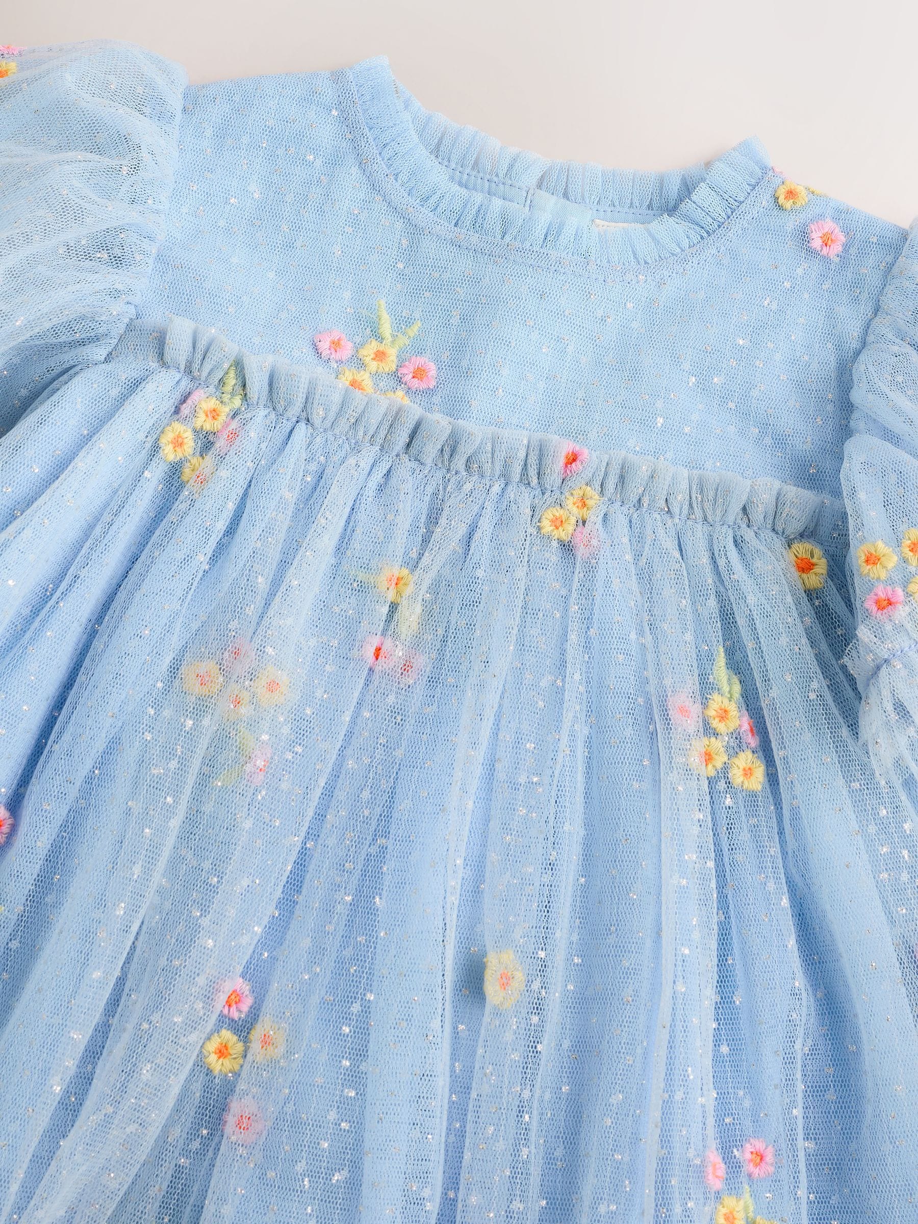 Blue Embroidered Flower - Mesh babyjurk (0mnd -2jr)