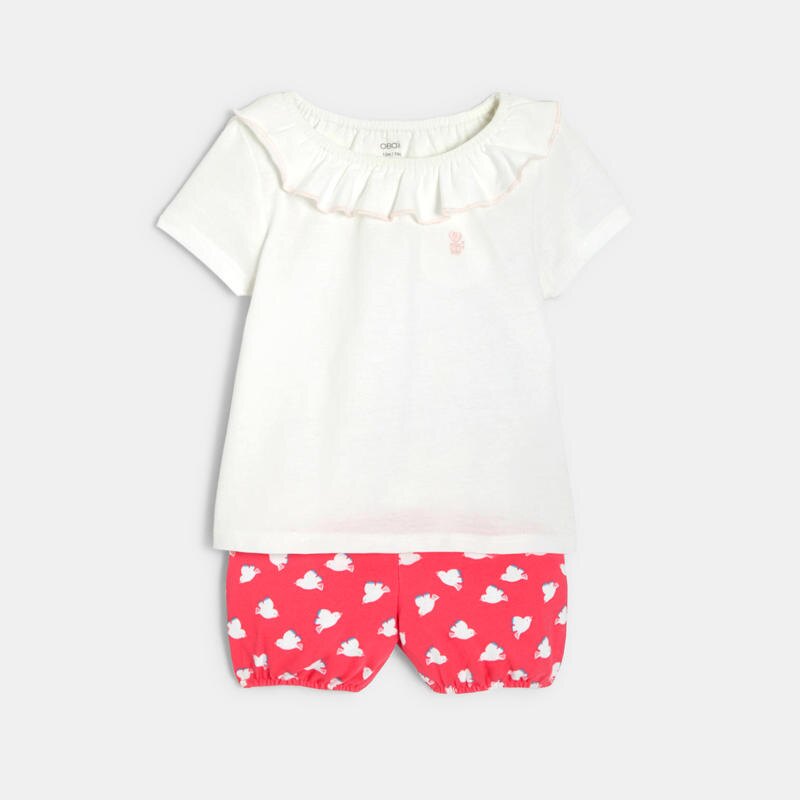 T-shirt col volanté et short molleton oiseaux rose bébé fille Rose