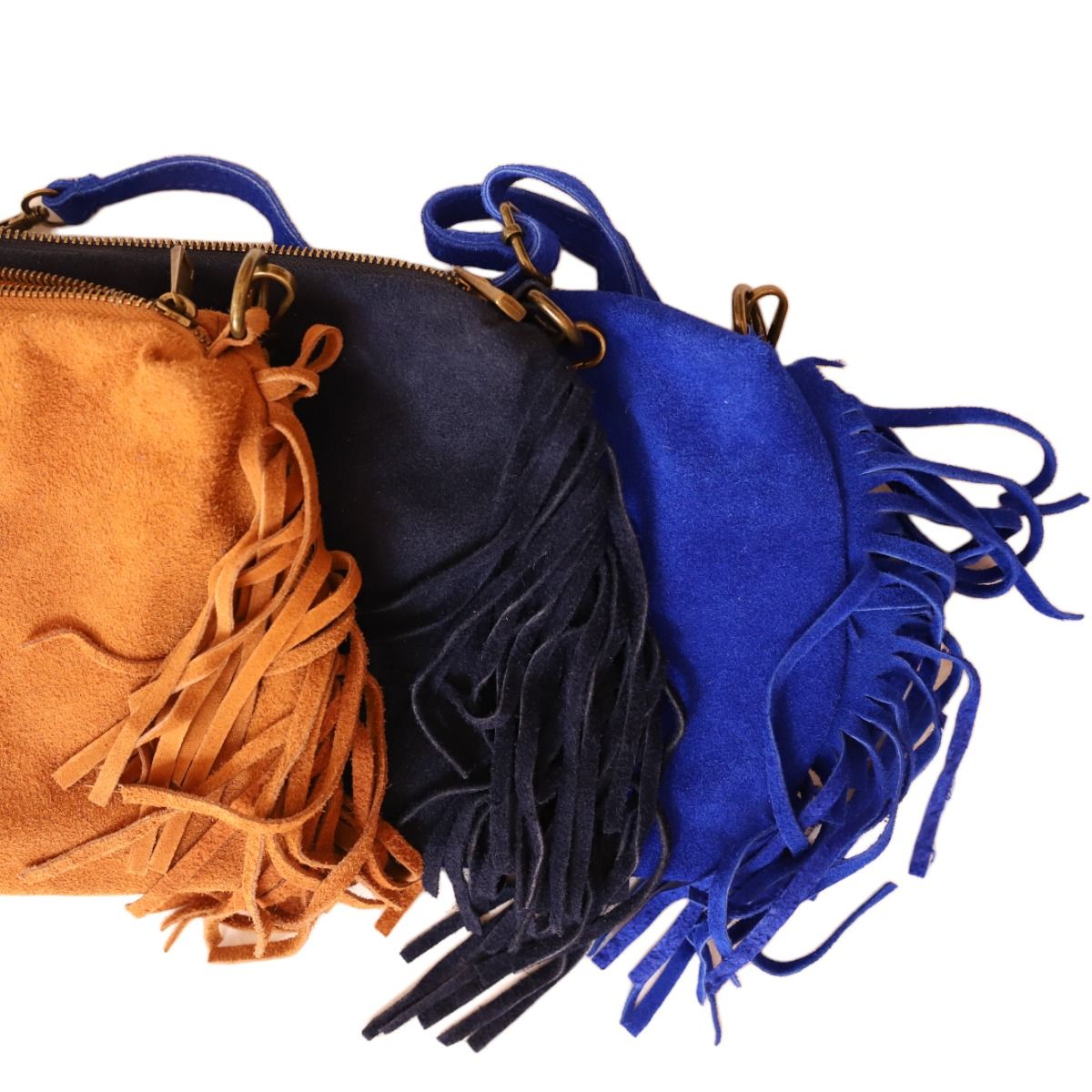 Sac à mains à franges daim bleu majorelle Maison Suzanne