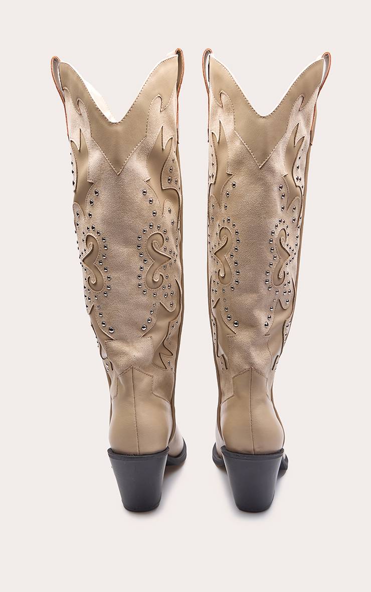 Crème Bottes Western Montantes À Talon Bloc