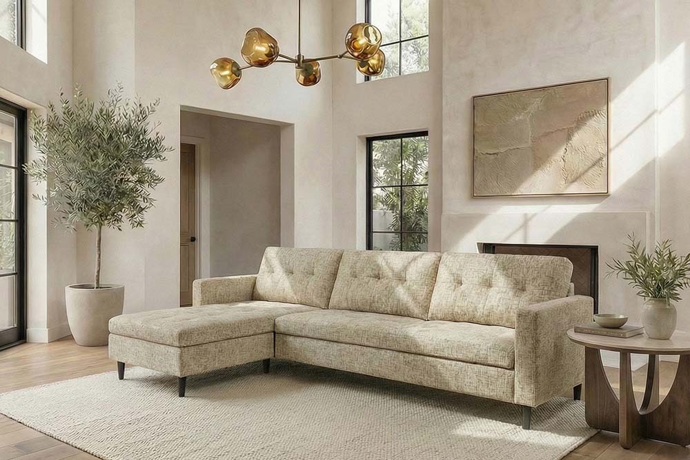 Modernes Ecksofa STOCKHOLM 220cm beige cozy Veloursstrickstoff Federkern 3-Sitzer-Sofa