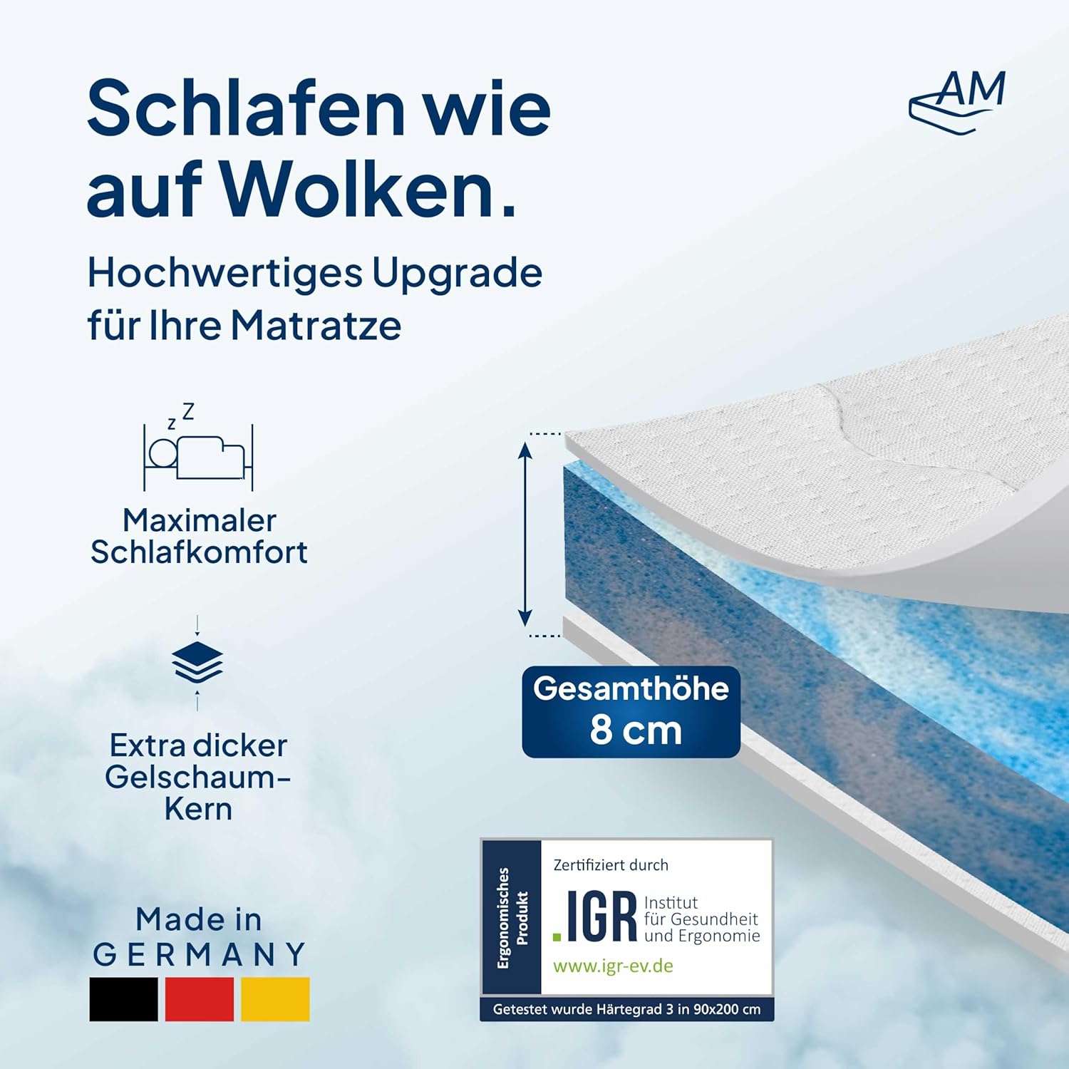 8 cm hoch - Premium Plus Gelschaum-Topper 180x200 cm mit RG 50 - Hochwertiger Lyocell-Bezug - Antirutschfunktion - Umlaufendes Klimaband - Gel-Topper 180 x 200 8cm