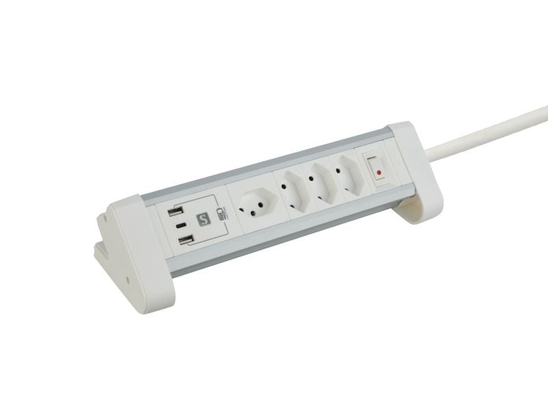 Schönenberger Steckdosenleiste 4 x T13, 1 x USB-C / 2 x USB Weisse ALU DESKTOP Steckdosenleiste