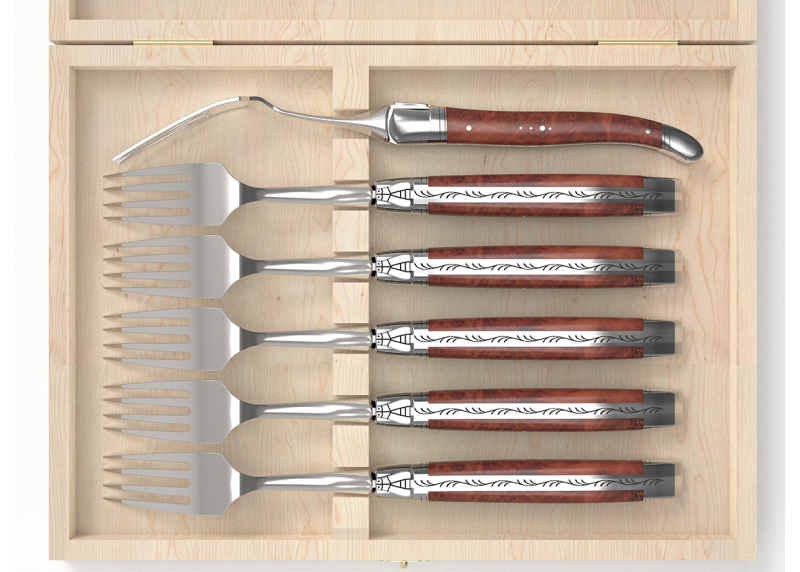 Service de 6 fourchettes Laguiole avec un manche en racine de bruyère et mitres en acier inoxydable