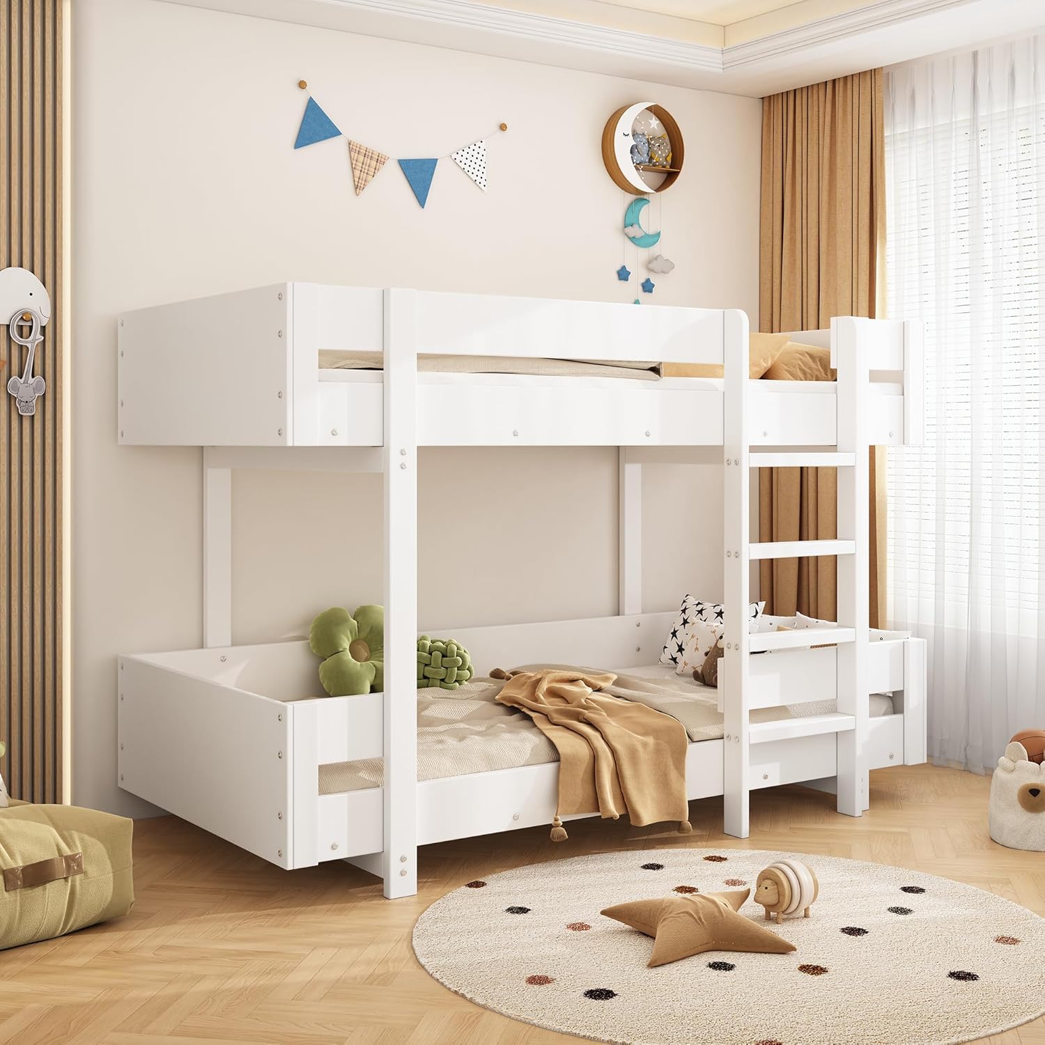 Etagenbett Kinderbett Hochbett mit 2 Liegeflächen 90x200 und Leiter, Platzsparendes Stockbett für 2 Kinder Holzbett Bettrahmen mit Rausfallschutz und Lattenrost, stabile Massivholzkonstruktion, Weiß