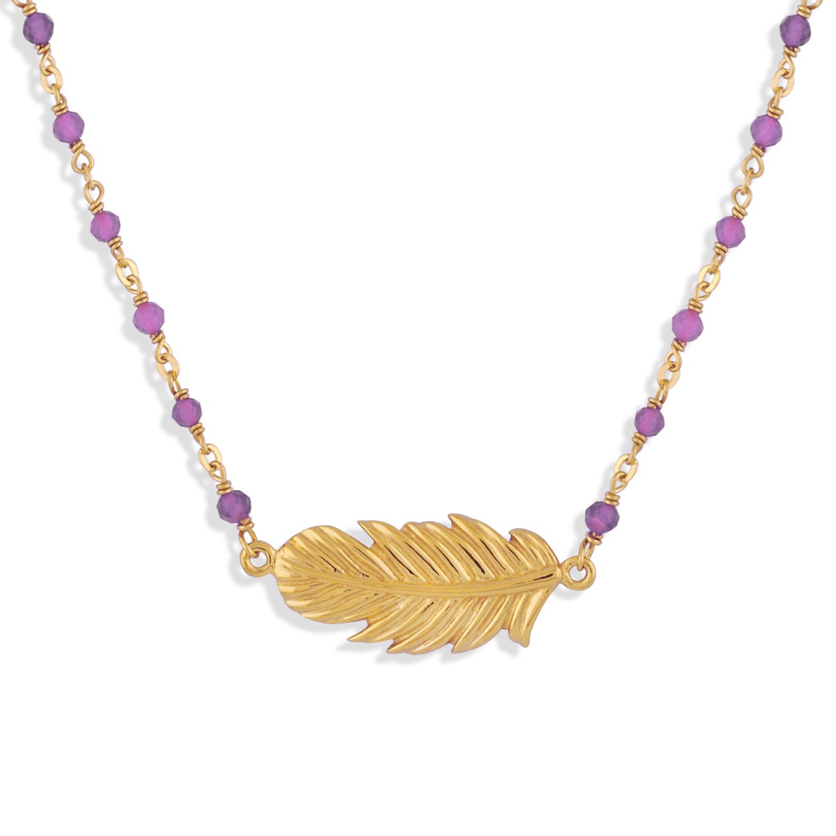 Collier Argent Doré Plume Et Amethyste