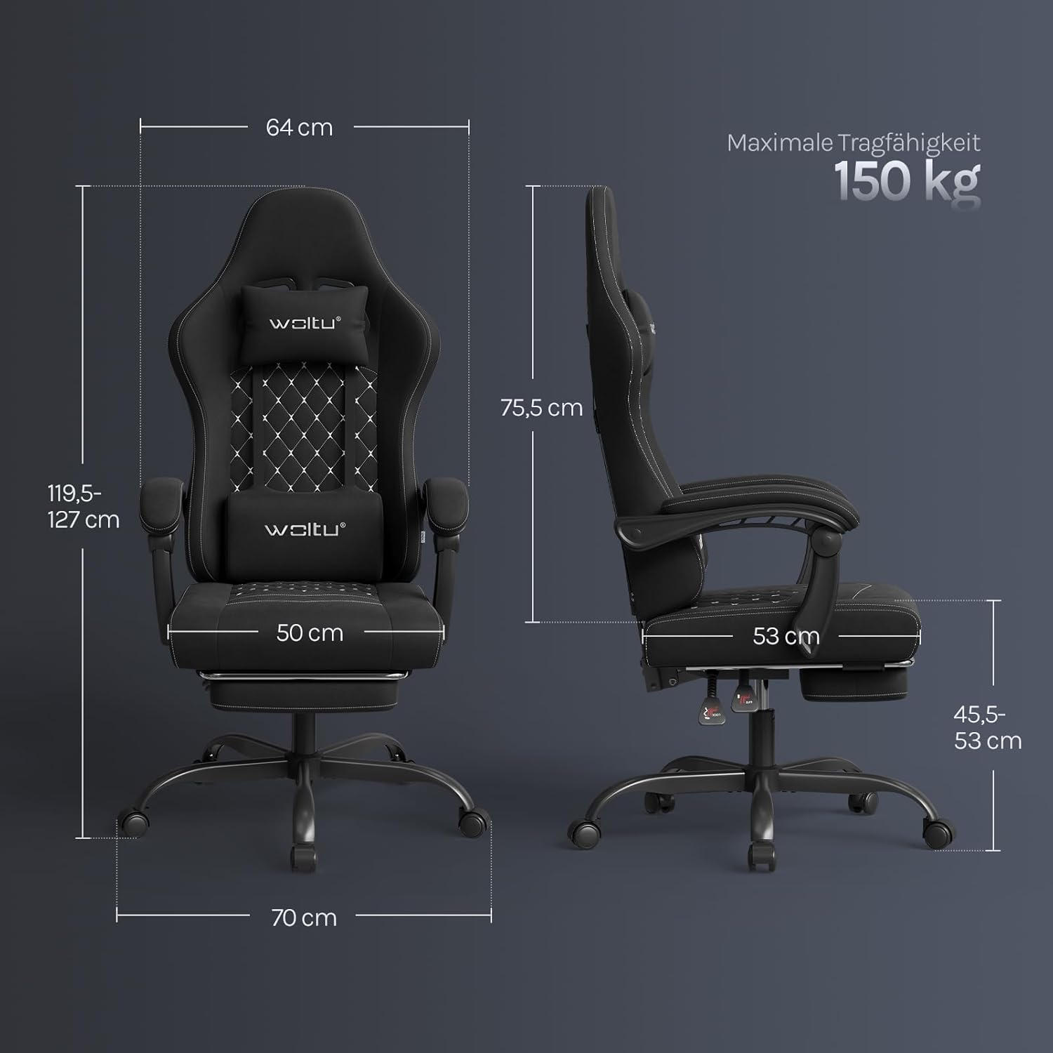 WOLTU Gaming Stuhl mit Massagefunktion, Computerstuhl Ergonomisch, Taschenfederkissen, Lendenmassage, Kopfkissen, Fußstütze, Drehstuhl, 150 kg, Tech-Stoff, Schwarz+Weiß