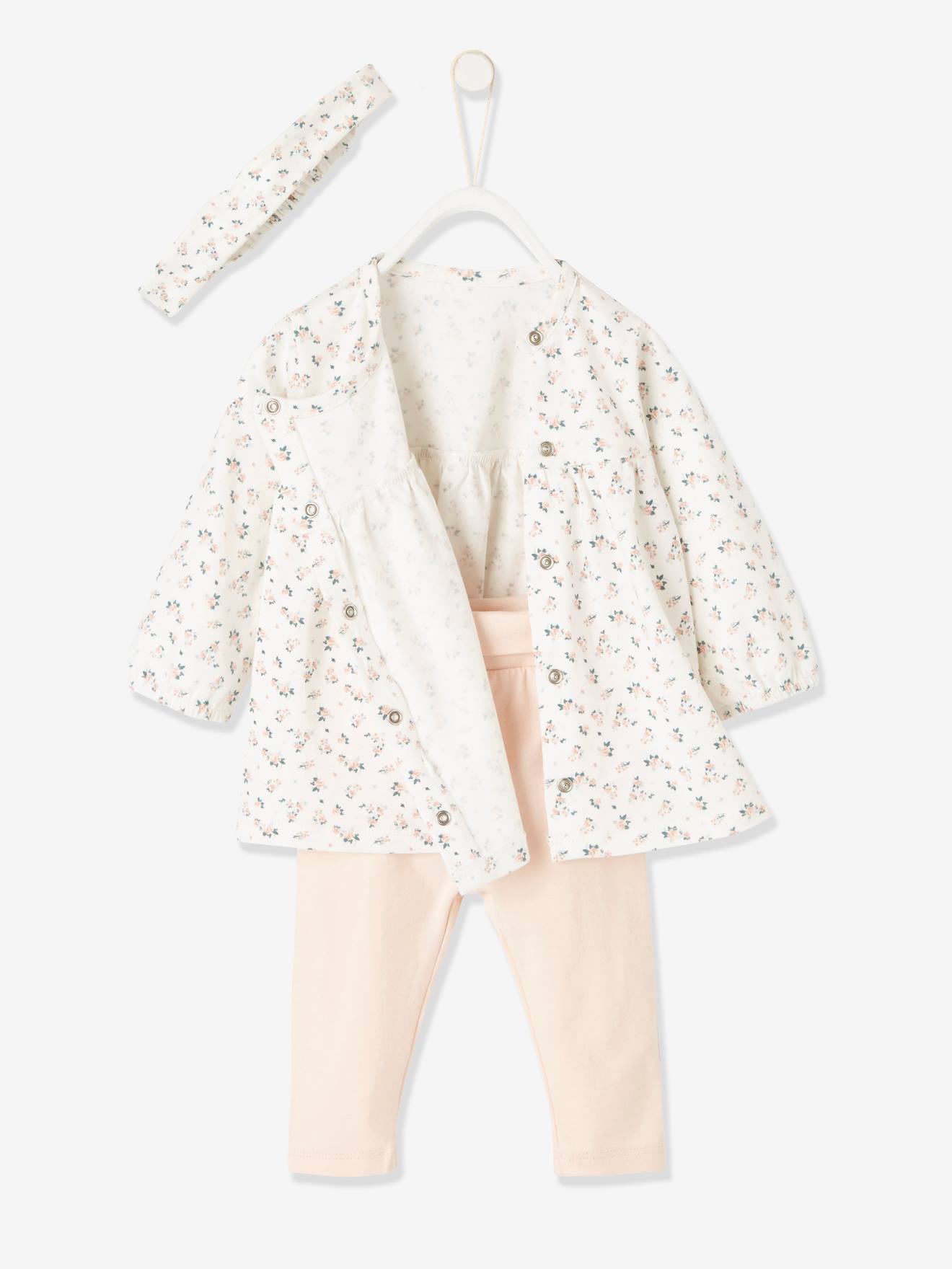 Conjunto de 3 peças com laço, vestido estampado e leggings para recém-nascida, estampa rosa médio.