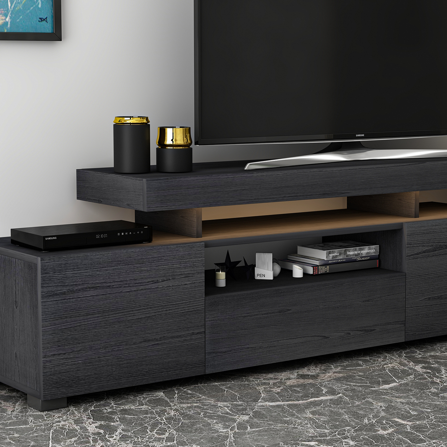 TV-Lowboard - schwarz - mit LED-Beleuchtung - 192 cm