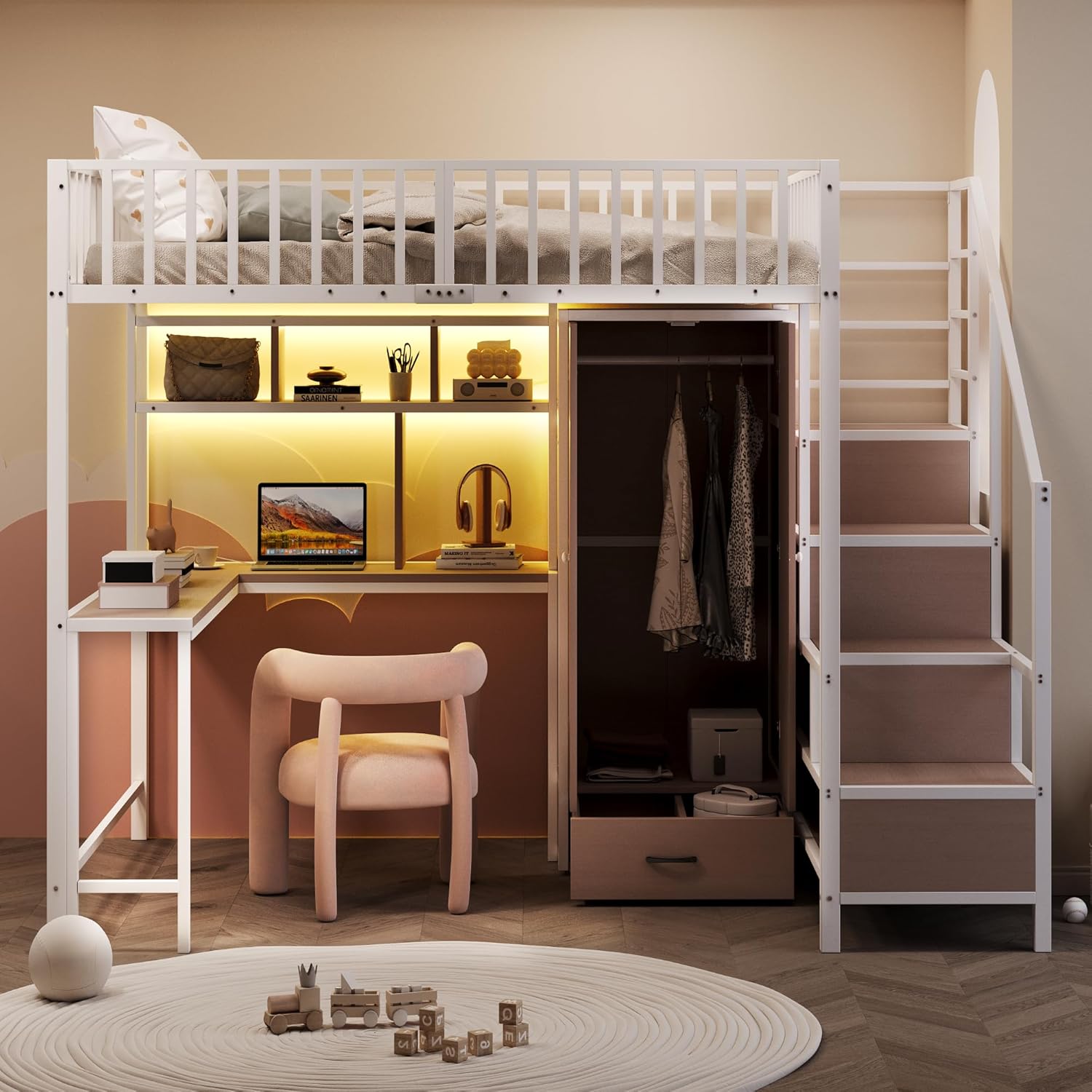 Merax Metall Hochbett 140x200 cm, mit Schreibtisch, Regal, Kleiderschrank und Schubladen, Hochbett mit LED Beleuchtung, Steckdose, USB Typ C, weiß (ohne Matratze)