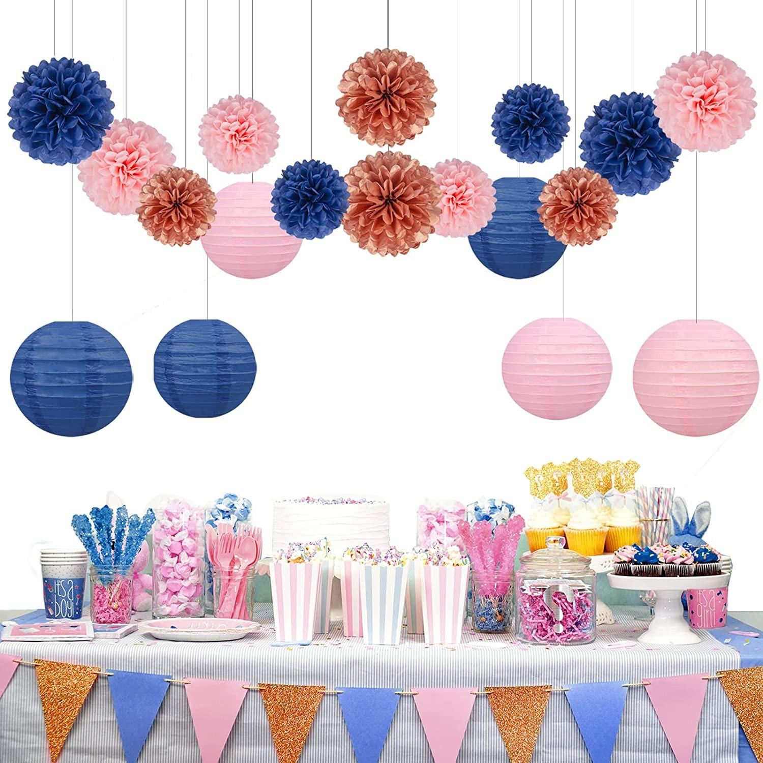 (12-tlg. Set) Papier Lampion Pompon's Deko Party / Geburtstag / Hochzeit - Rosa / Blau / Weiss