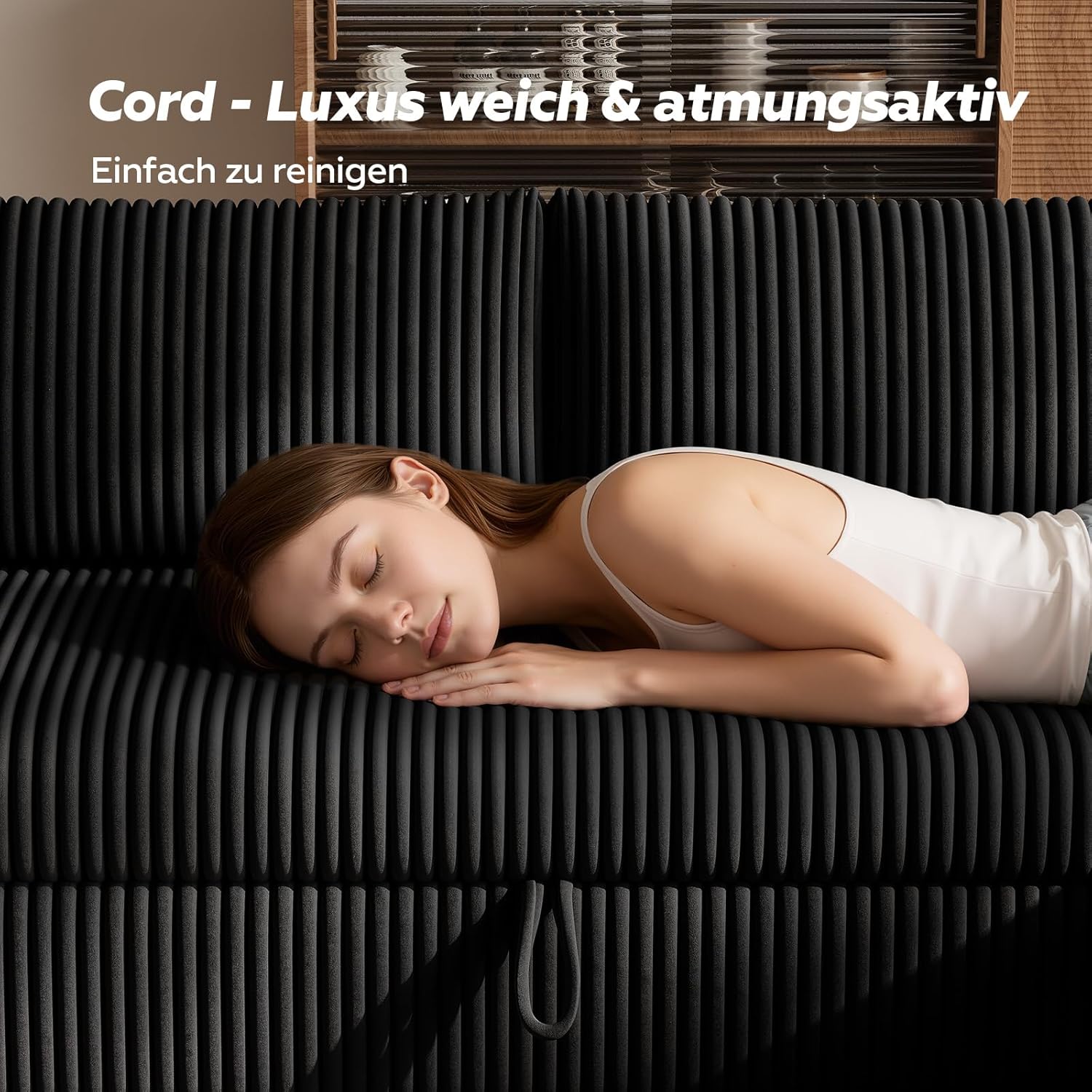Ecksofa mit Schlaffunktion, Cord-Bezug Schlafcouch in L-Form, Schlafsofa Ausziehbar, Ausziehbares Sofa mit Stauraum, Umkehrbare Chaiselongue (Links & rechts), Schwarz