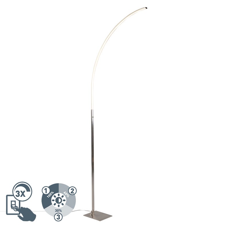 QAZQA - Moderne vloerlamp | Staande lamp | Vloerlamp | Lamp | Lamp van staal | Zilver | Mat nikkel inclusief LED en 3-traps dimmer - Stijlvolle dimmer | Dimbaar | Woonkamer | Slaapkamer - Aluminium
