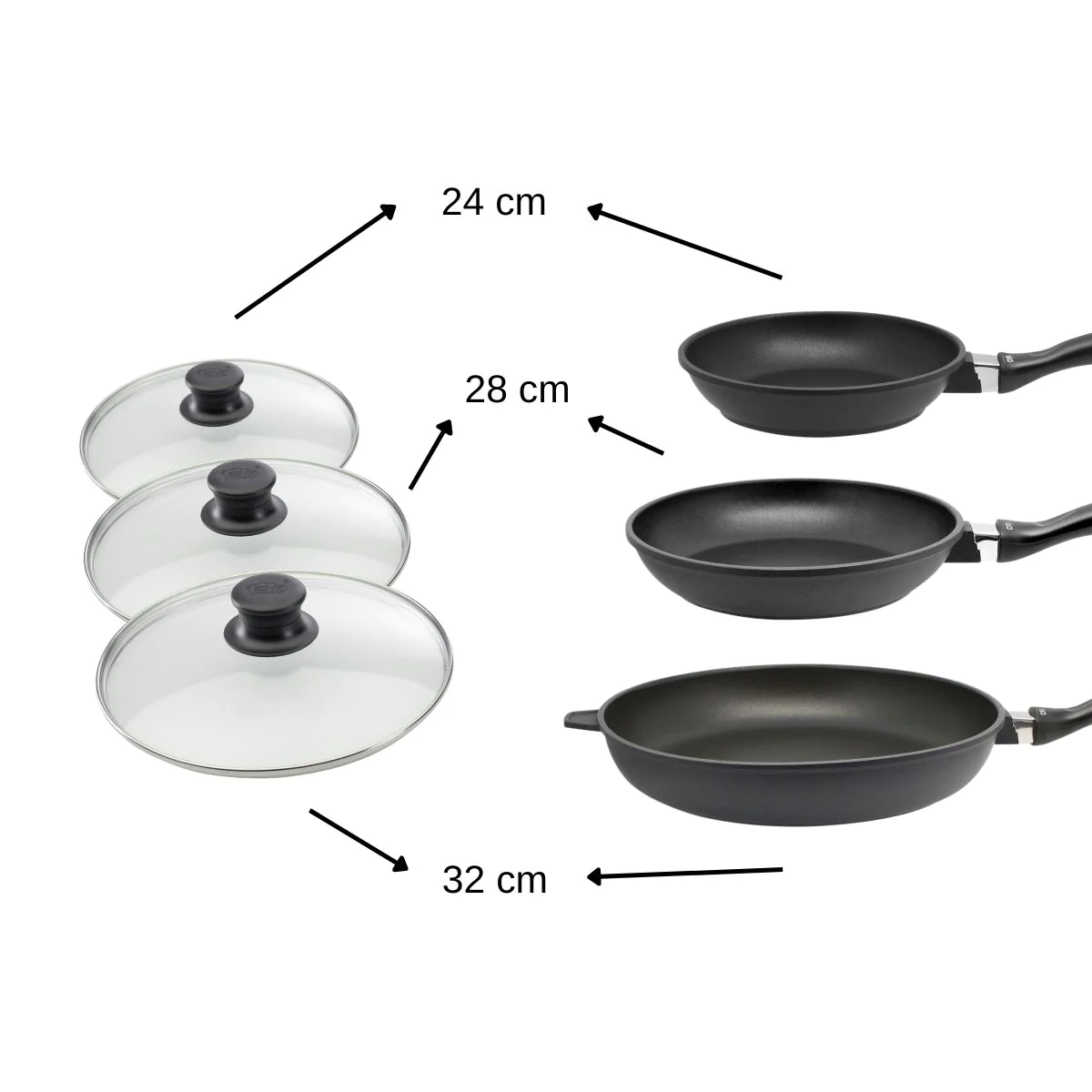 Ensemble de 3 poêles à frire et 3 couvercles en verre de 24 cm 28 cm e