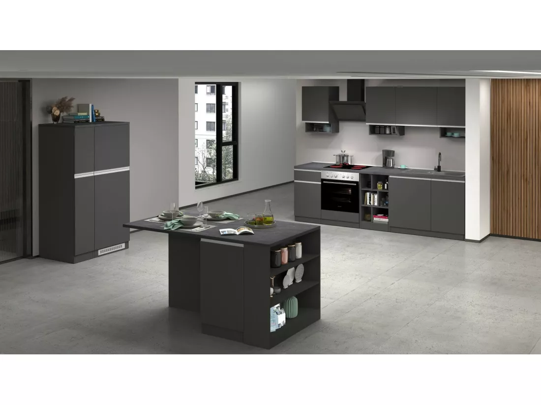 Îlot de cuisine Dcannaval, Armoire polyvalente, Meuble de kitchenette, Table auxiliaire, 100% Made in Italy, 160x90h90 cm, Anthracite et Ardoise