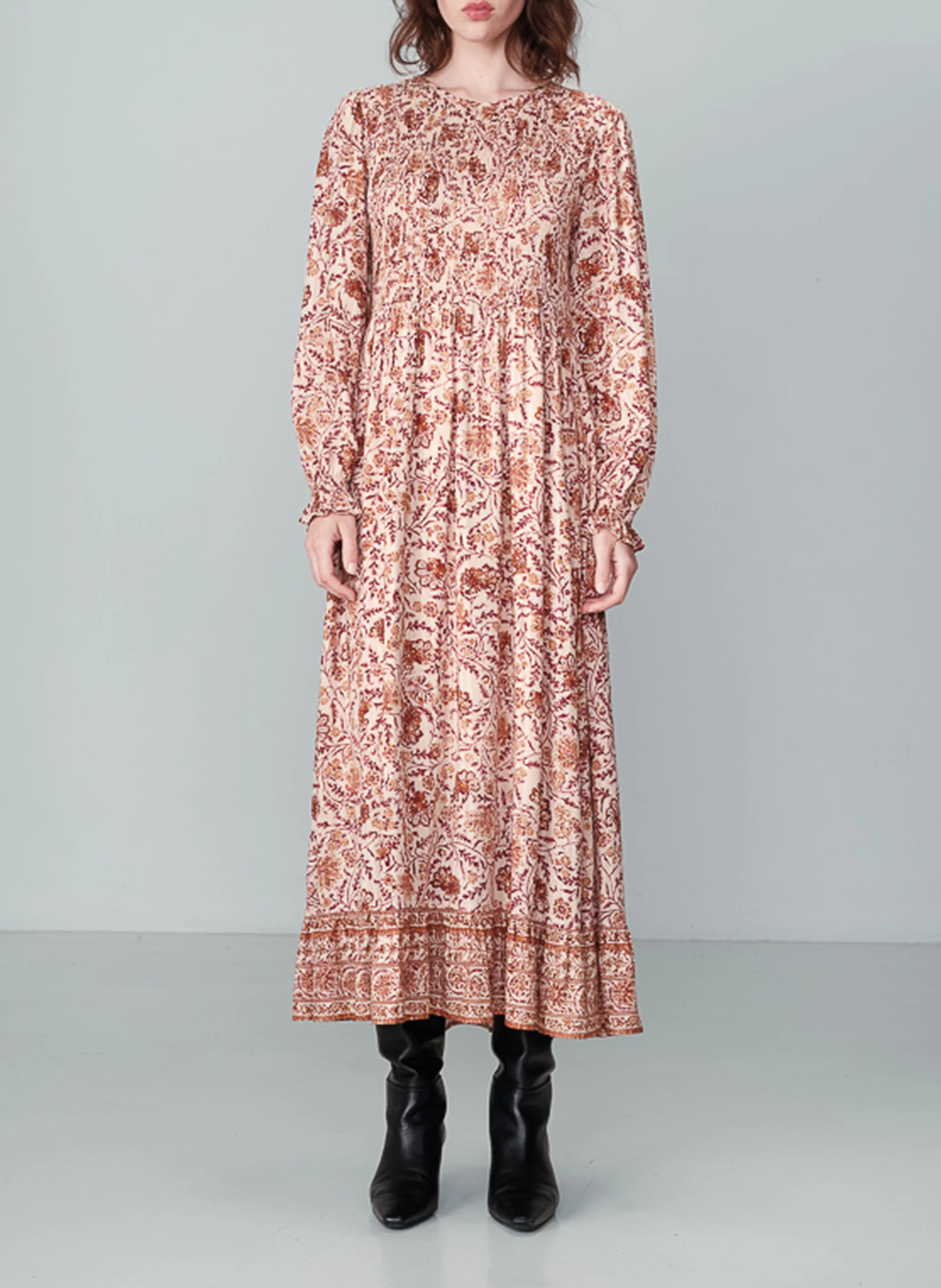 NOVA - Robe longue imprimée à smocks | Beige