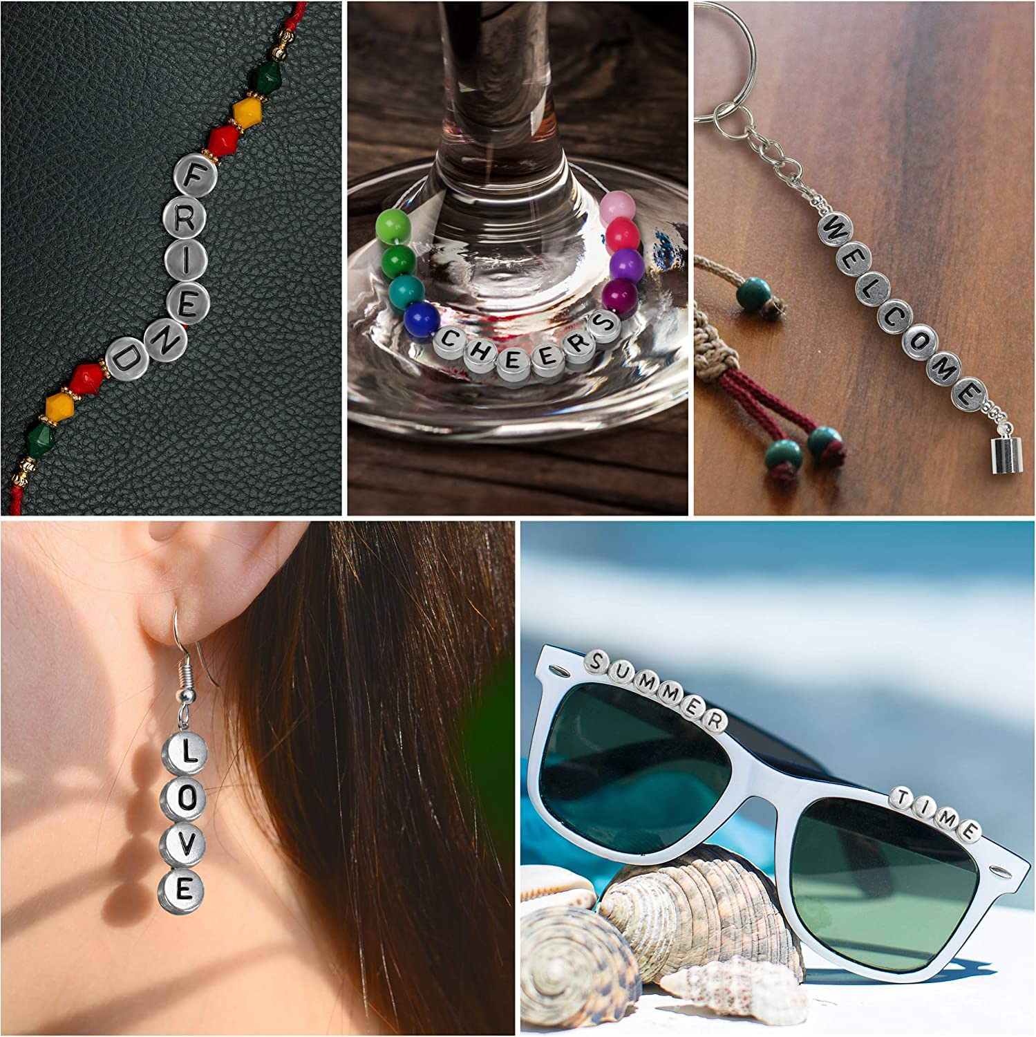 (100er Set) Buchstaben Perlen DIY Bastel Schmuck Zwischenperle für Armband / Kette - Silber / Schwarz
