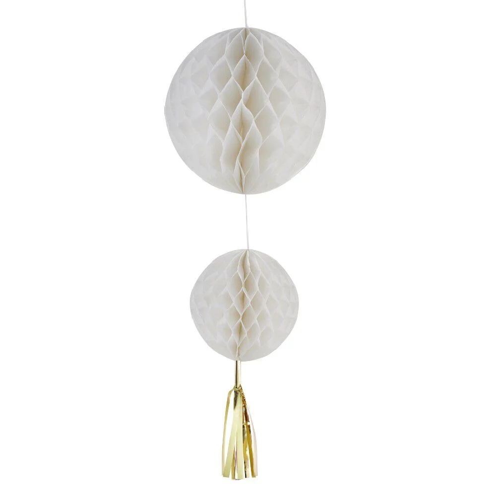 Suspension 2 boules en papier blanc et son pompon
