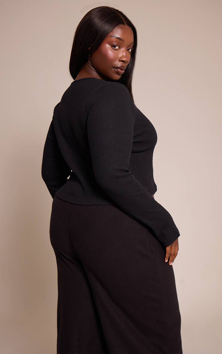 Noir Haut Grande Taille Côtelé Toucher Doux Col Rond Manches Longues
