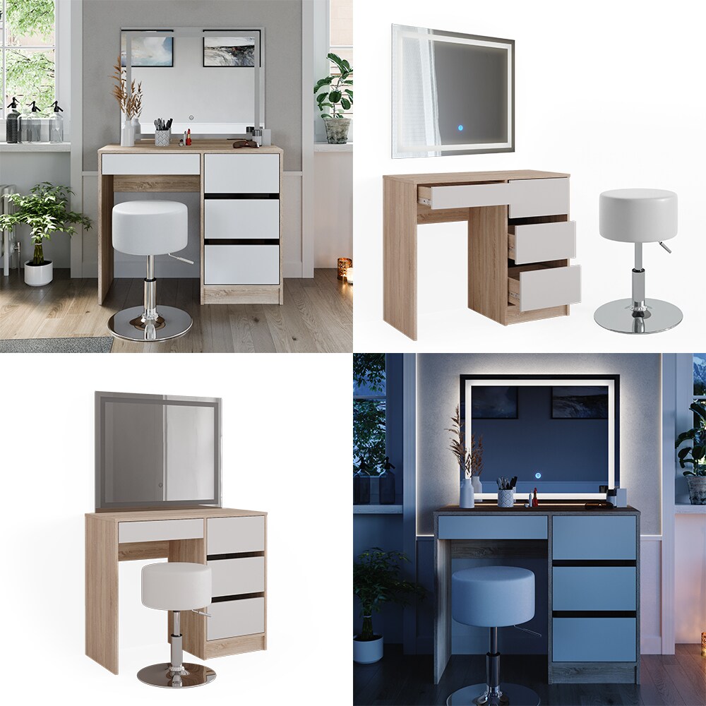 Vicco Schminktisch Sherry Sonoma Weiß 90 x 75 cm LED-Spiegel & Hocker modern
