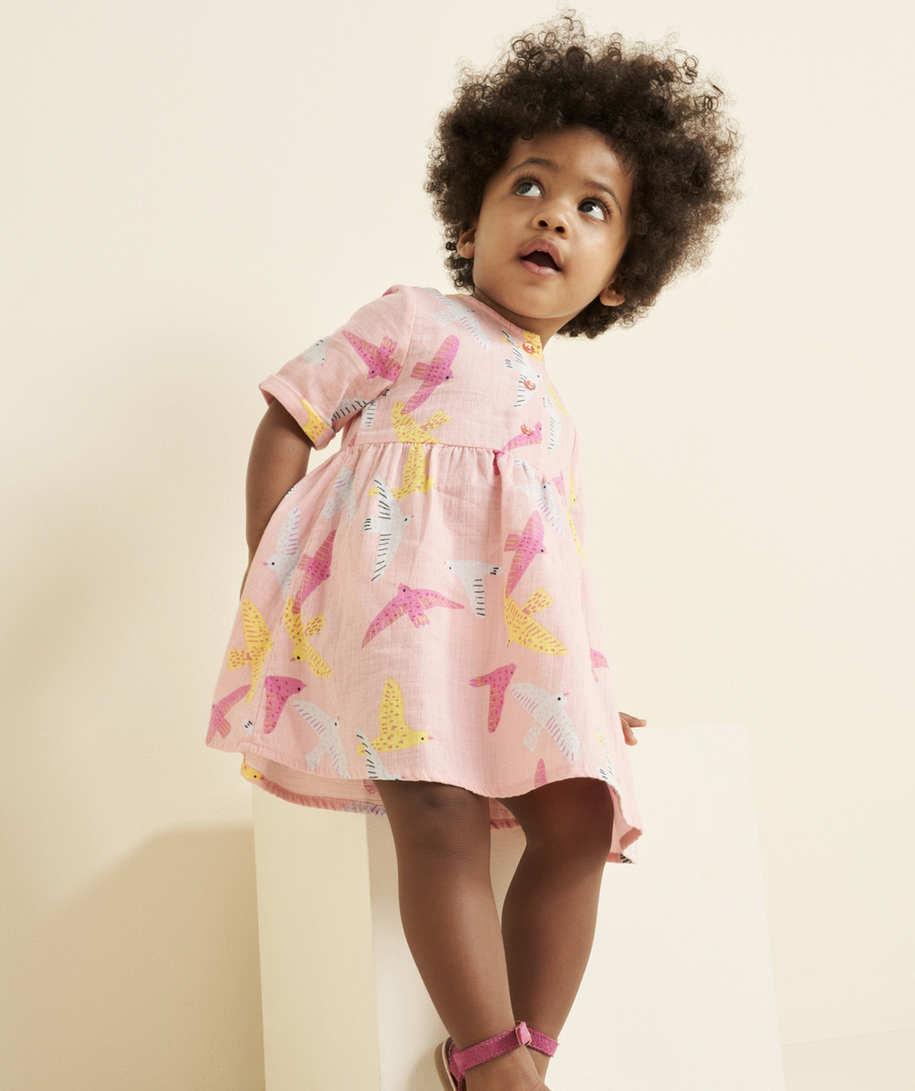 robe manches courtes bébé fille en coton bio rose et imprimé oiseaux