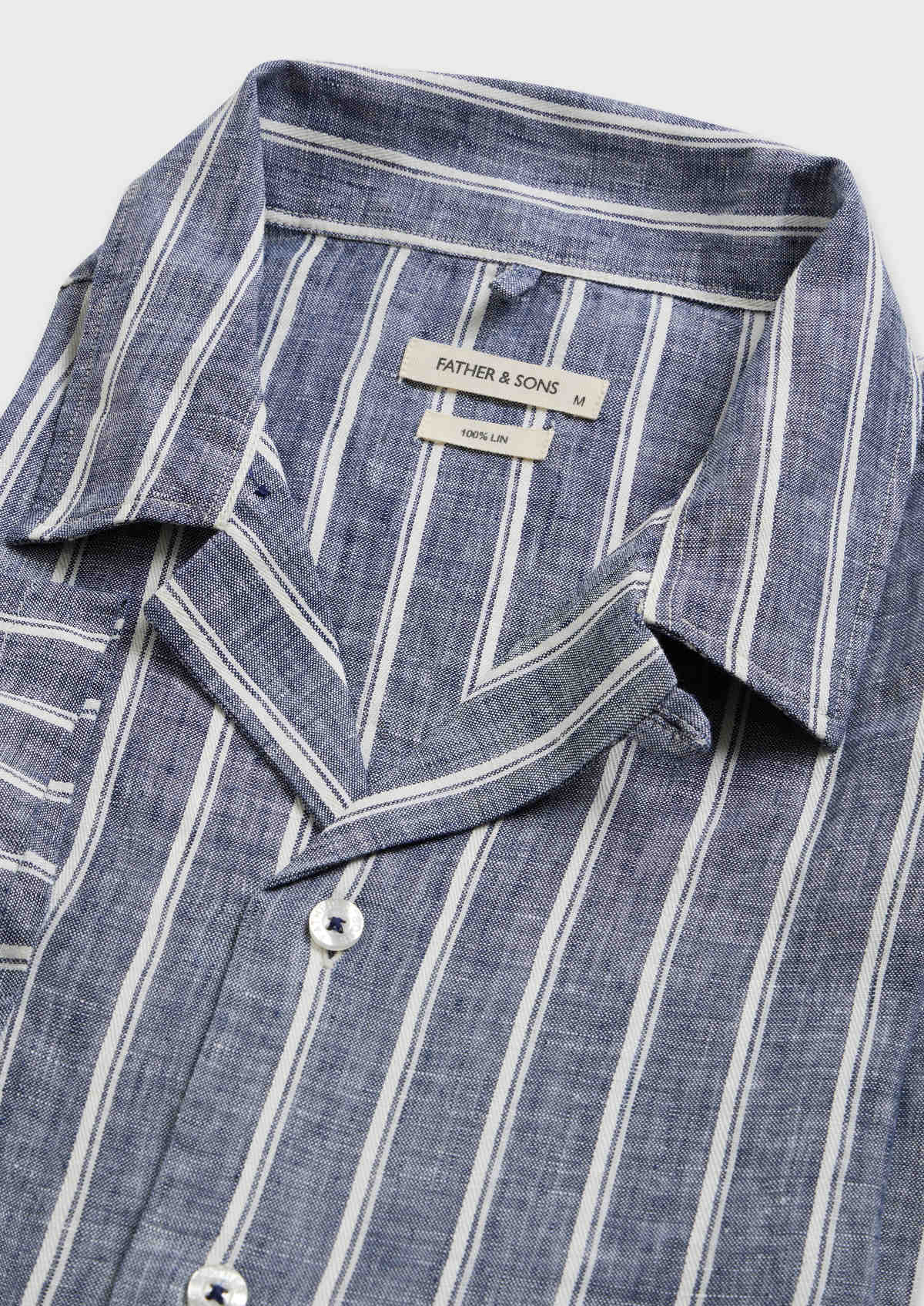 Chemise manches courtes Slim en popeline de lin bleu jeans à rayures blanches