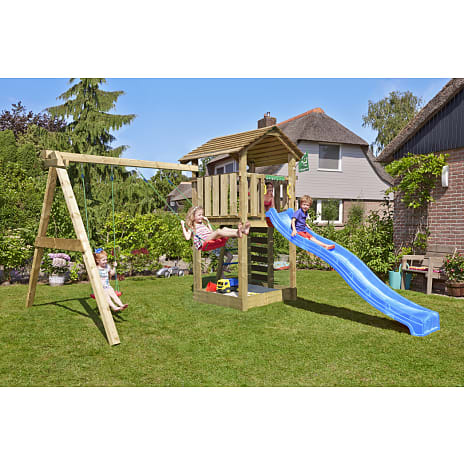 Jungle Gym Cottage 2.1 legetårn inkl. gyngemodul, rutsjebane og 120 kg sand
