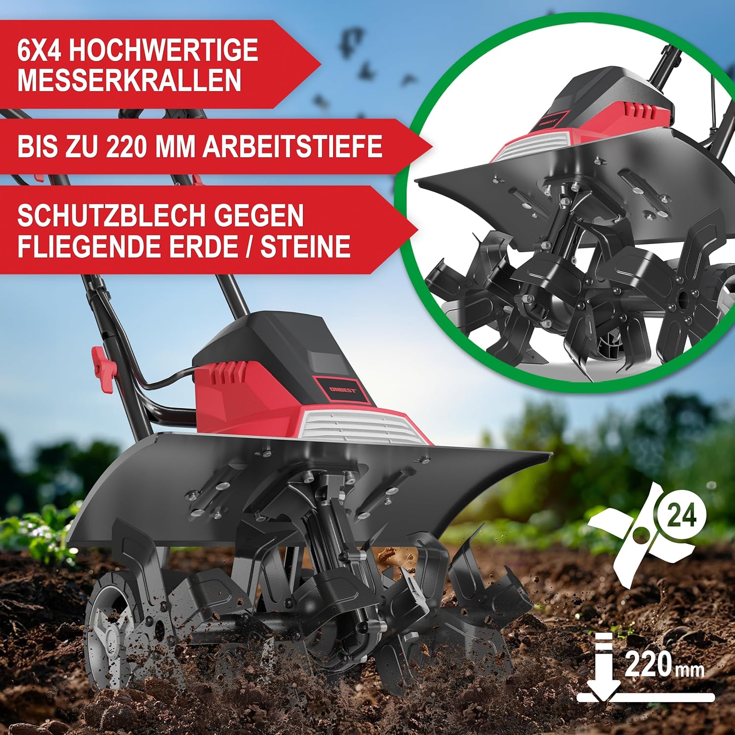 Elektro Gartenfräse – 45 cm Arbeitsbreite – 1500 Watt Motor – 24 Messer – elektrische Bodenhacke Motorhacke – Gartenhacke – Kultivator – zum umgraben und auflockern vom Boden
