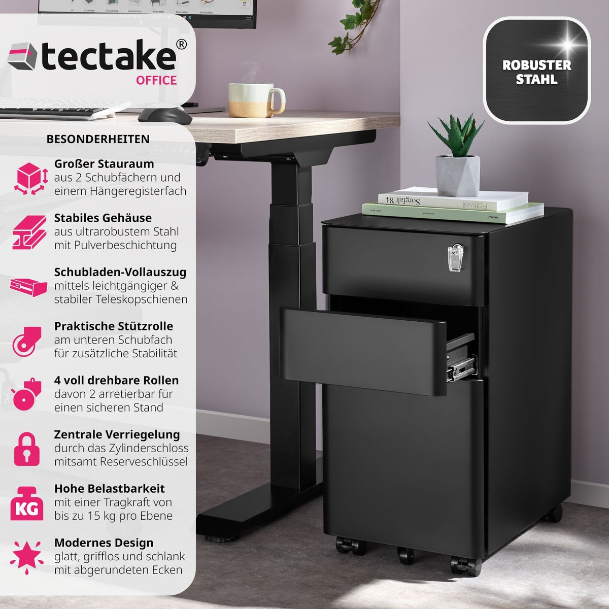 tectake Parvus rolkast van gepoedercoat staal, 30 x 50 x 59,5 cm