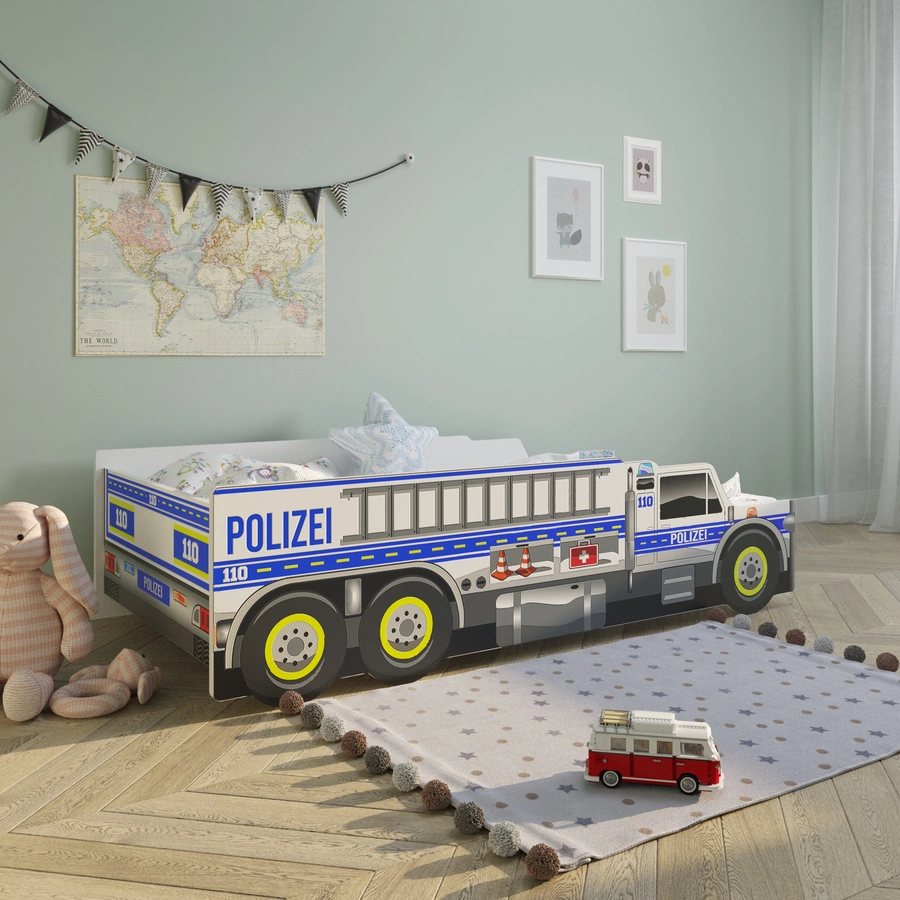 Kids Collective Autobett Kinderbett Jugendbett 80x160 mit Rausfallschutz | Polizei blau mit Matratze