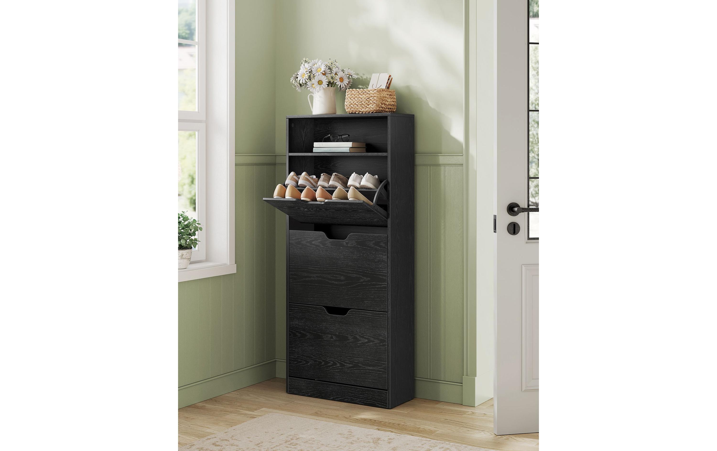 Schuhschrank 60 x 24 x 139 cm, Schwarz<br>Schuhschrank mit 3 Klappen für 14 bis 18 Schuhen