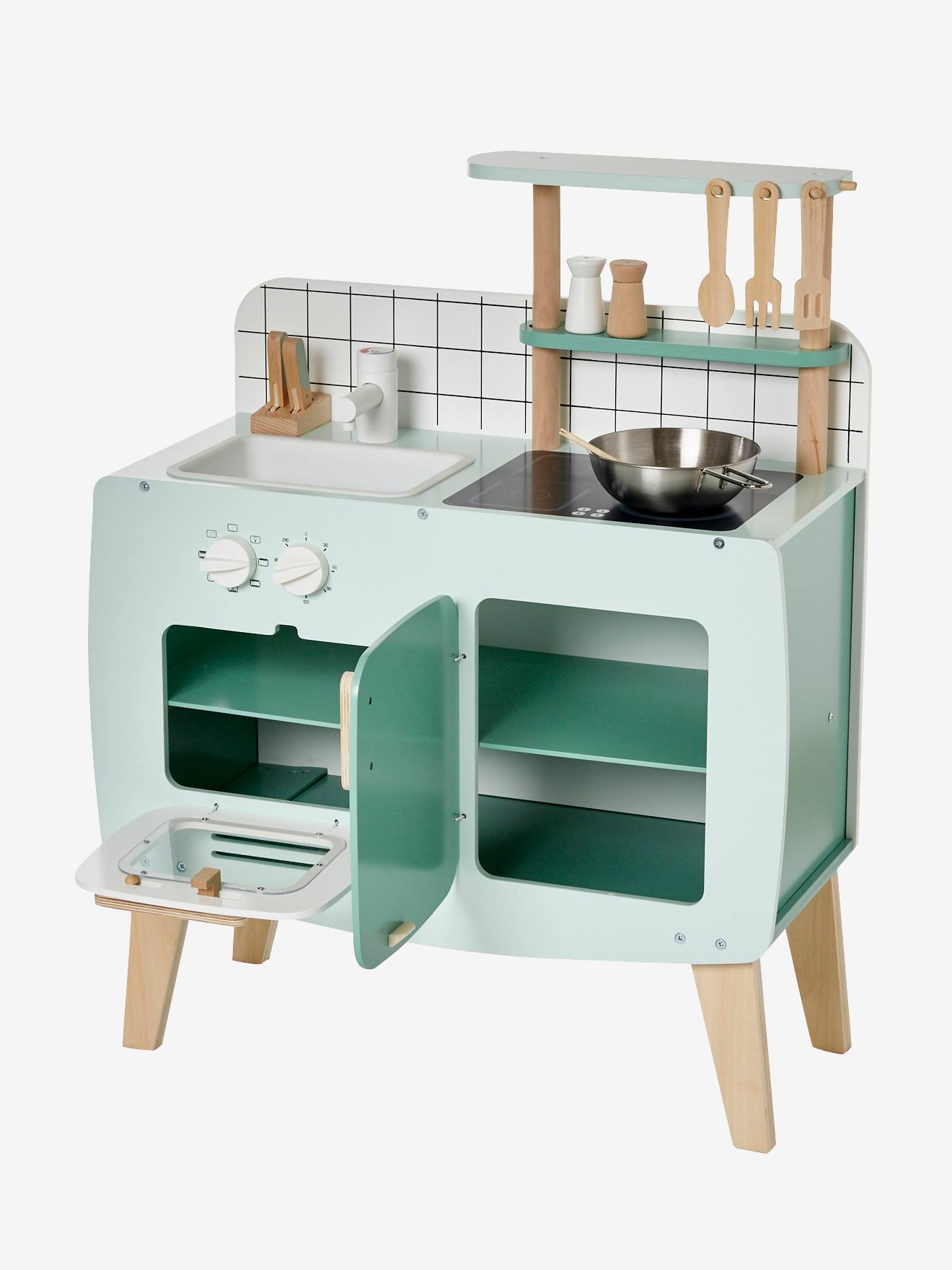 Cozinha de brinquedo de design, feita de madeira cor caramelo com certificação FSC®.