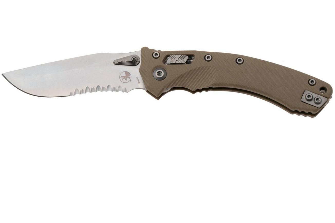 Microtech Amphibian 137RL-11FLGTTA, Stonewashed M390MK, Fluted Tan G10, partial serrated zakmes