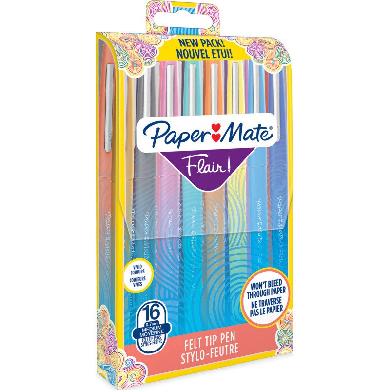 Stylo feutre Paper Mate Flair écriture moyenne - Pochette de 16 couleurs assorties
