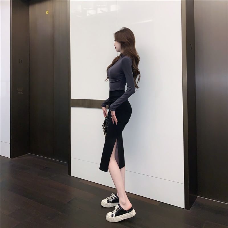 Aurora - Set: Lange mouwen coltrui effen slim fit crop T-shirt + hoge taille split midi kokerrok