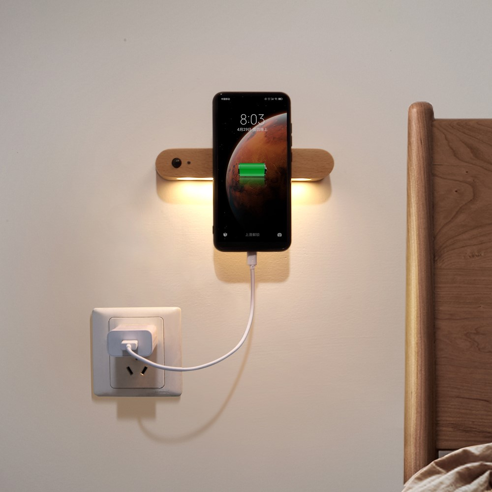 2in1 Magnetische Holz Schlüssel Halterung mit LED Wandleuchte   Lichtsensor - Braun