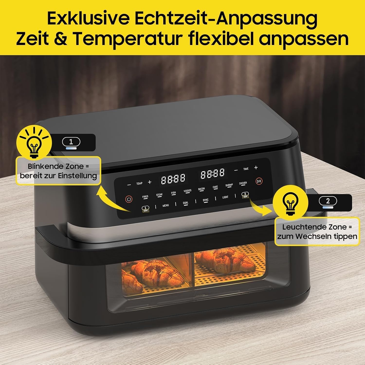 Heißluftfritteuse Dual Zone 11L XXL – Leistungsstarker Air Fryer mit Doppelkammer & herausnehmbarer Trennwand, Heissluftfriteuse ohne Öl, 2950W, Sichtfenster & Touchdisplay, für Familien