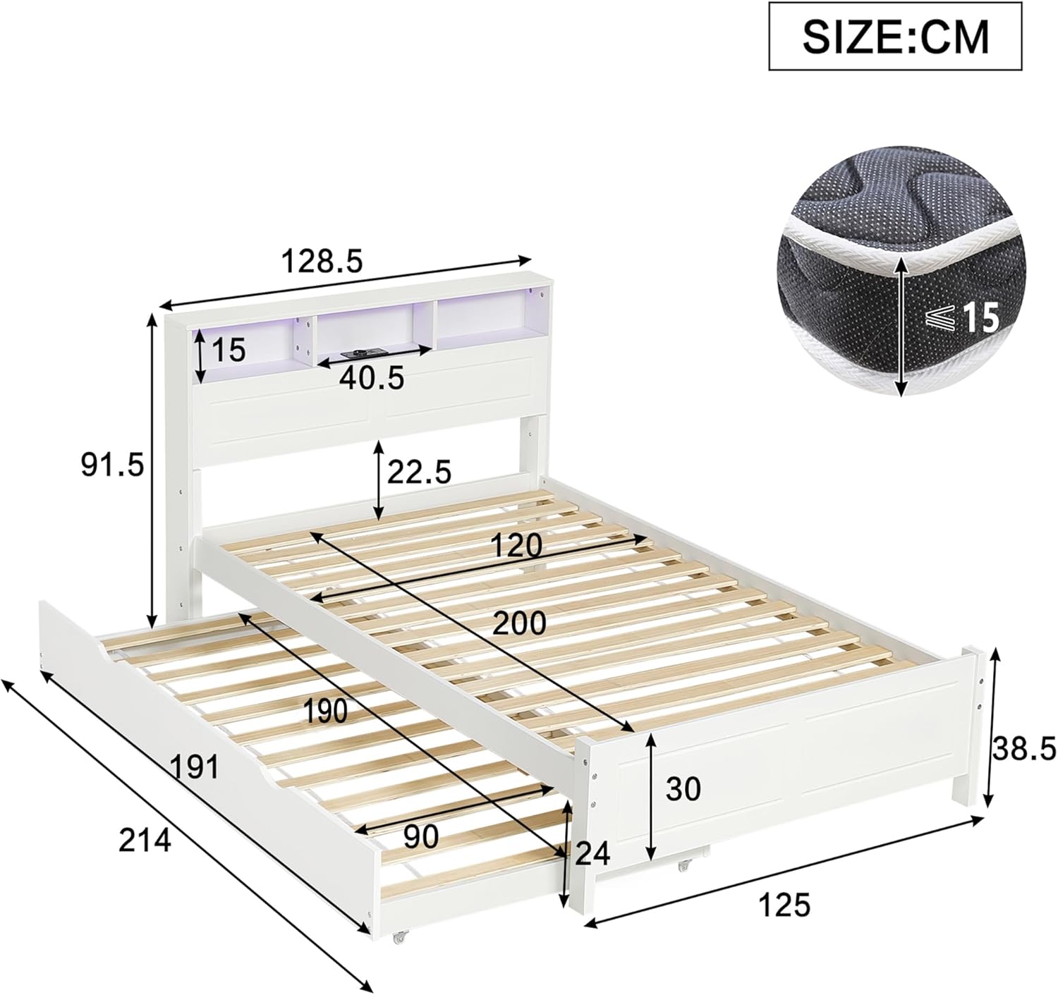 Holzbett Doppelbett 120x200&90x190 cm, Funktionsbett mit ausziehbarem Bett, Kopfteil mit LED-Lichtstreifen&Ladefunktion&Staufach, Bettgestell Gästebett Flachbett mit Lattenrost, Ohne Matratze, Weiß
