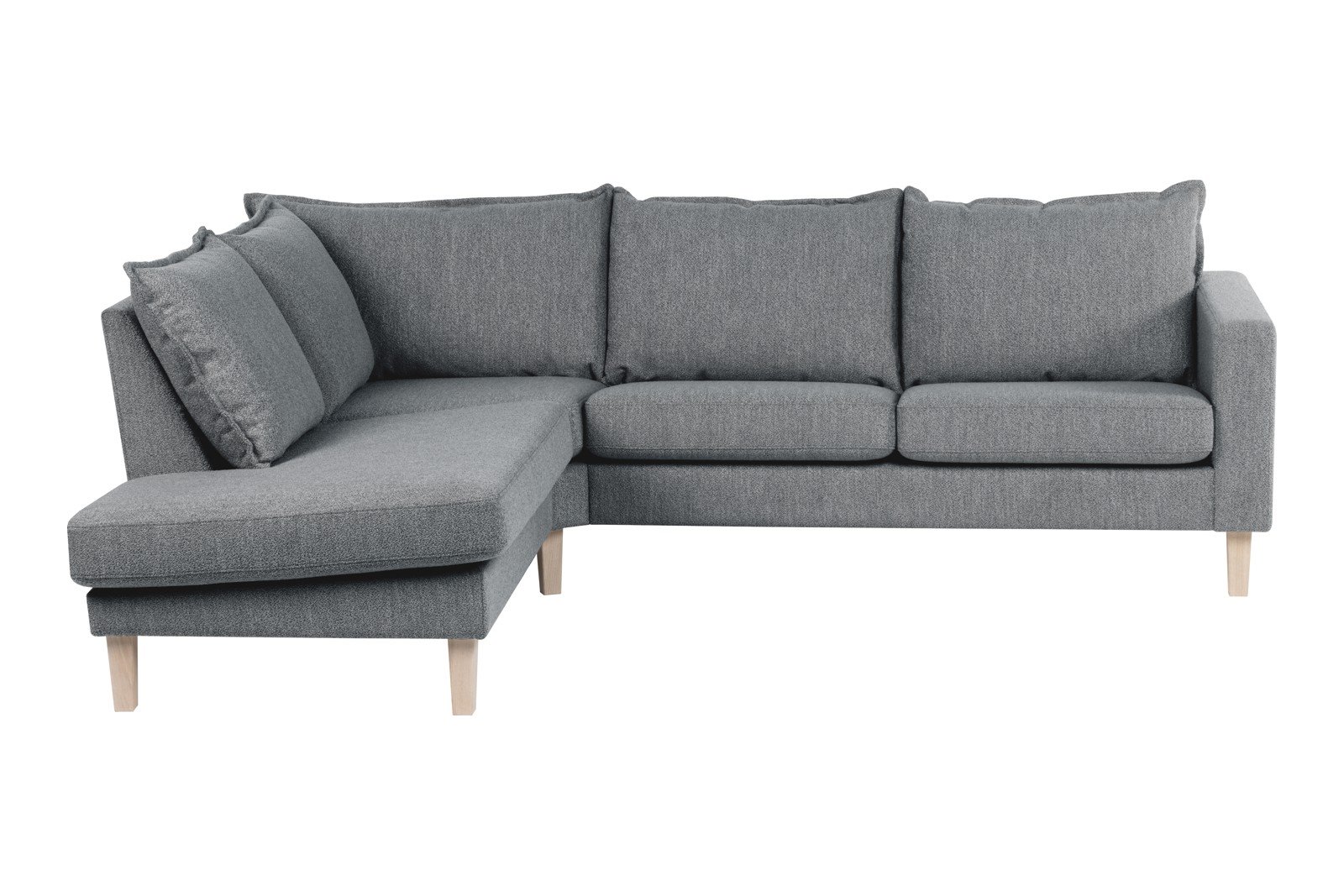 Slogen hjørnesofa Oppsett AV. 2,5-seter med åpen ende venstre. Tekstil Viva Grey med soft ryggpute. Vange B og hvitpigmentert ben 178.
