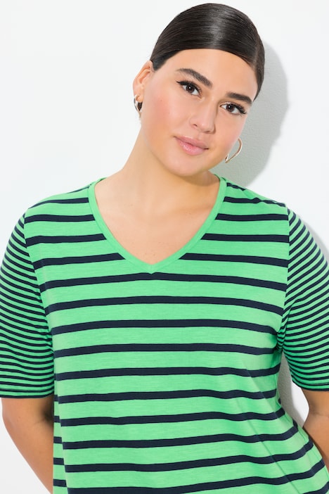 Shirt, Ringelmix, A-Linie, V-Ausschnitt, Halbarm