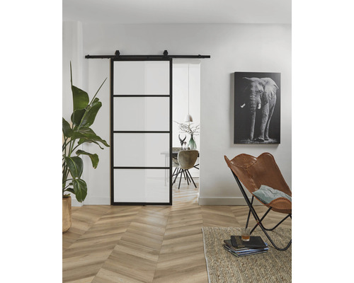 Intersteel Cubo Basic -Top schuifdeurset compleet, zwart met gehard veiligheidsglas (ESG) met satijnglans, 98x215 cm, inclusief deurblad, Basic Top schuifdeurbeslag en krukgarnituur.