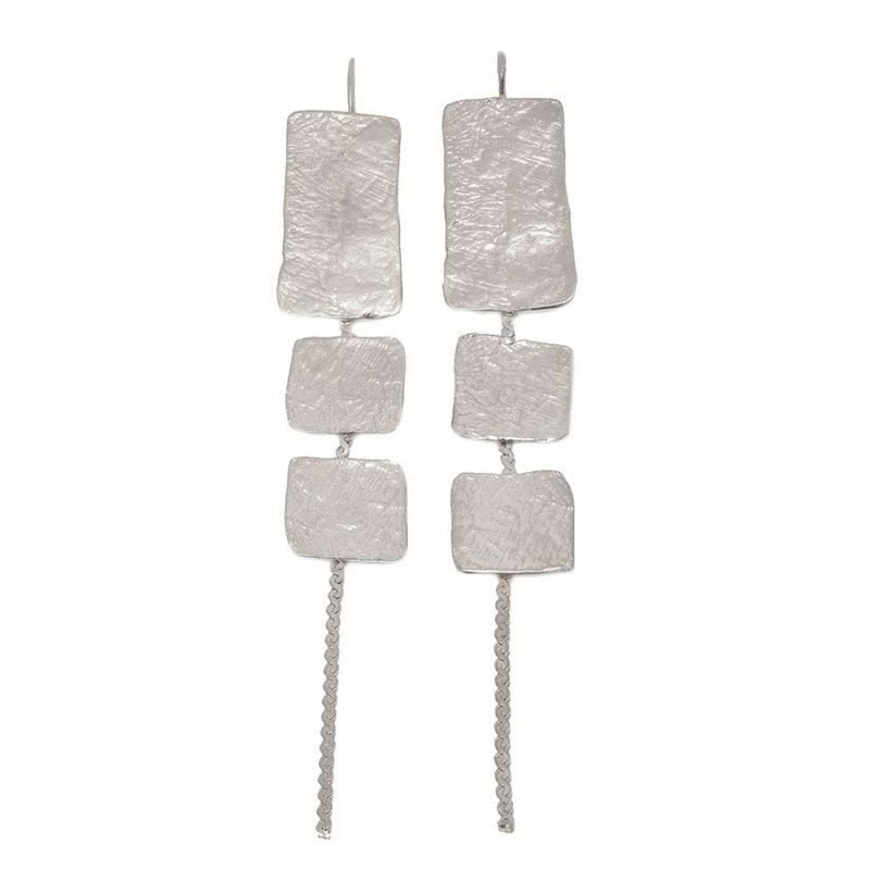 Boucles d'oreilles en plaqué argent métalliques, longues et géométriques faites à la main - Bijou de créateur
