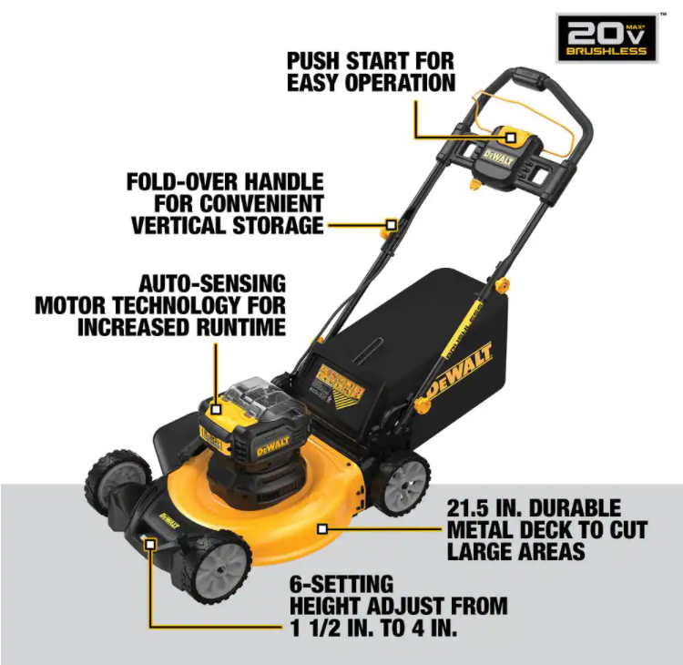Cortador de grama manual DEWALT de 21,5 polegadas com bateria de íon de lítio de 20 volts MAX.
