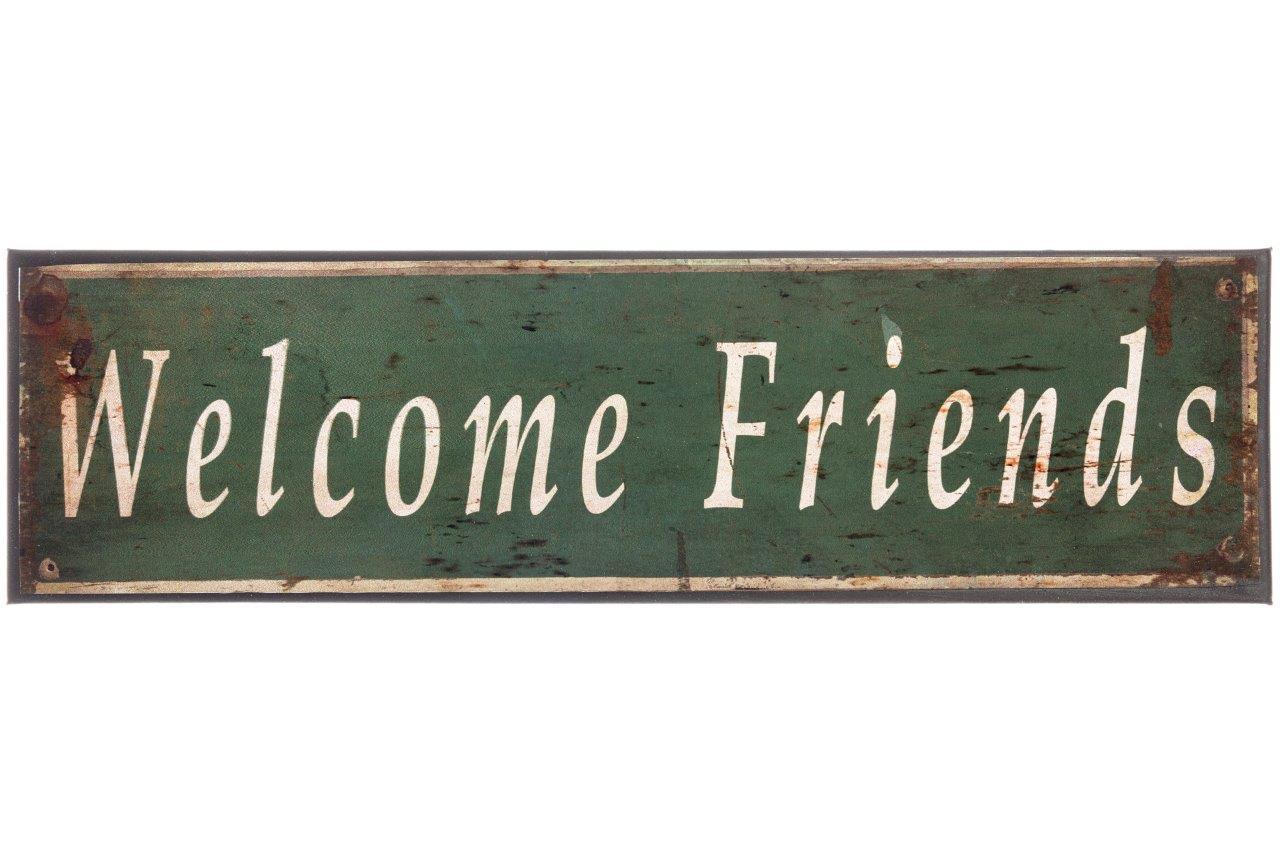 MetallschildWelcome friends - grün-weiß - Retro-Design - 30 cm